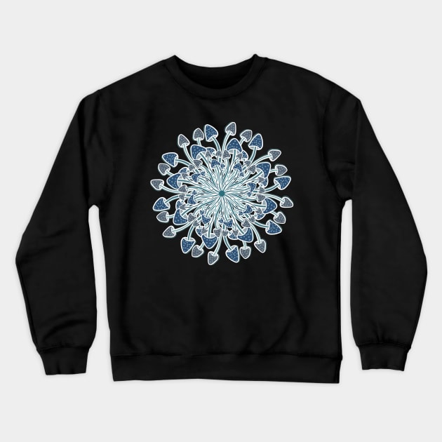 Mushroom mandala in blues and greys with a white glow Crewneck Sweatshirt by DaveDanchuk